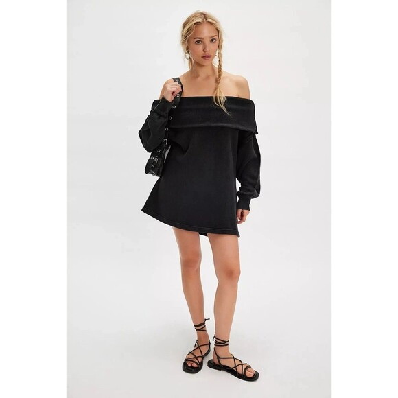 Free People Off Chill Sweatshirt Tunic Top Off Shoulder Longline Fit L 284539